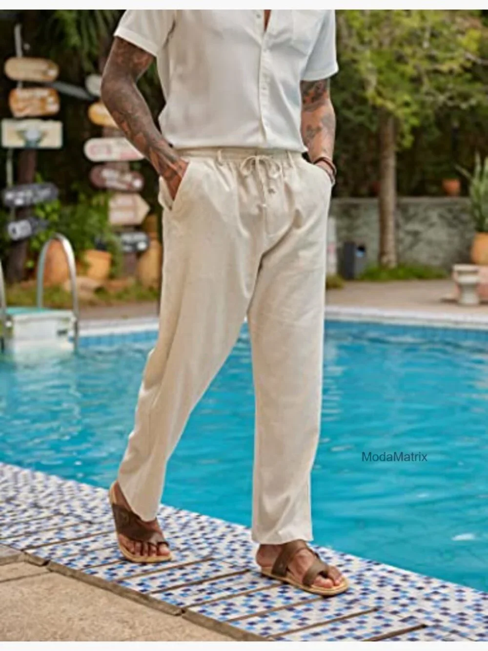 Men's Linen Pants Elastic Waist Drawstring Casual Summer Lightweight Trousers